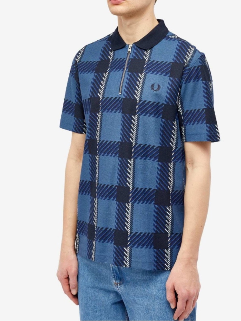 Fred Perry Glitch Tartan Zip Neck Polo Shirt in midnight blue Size XL